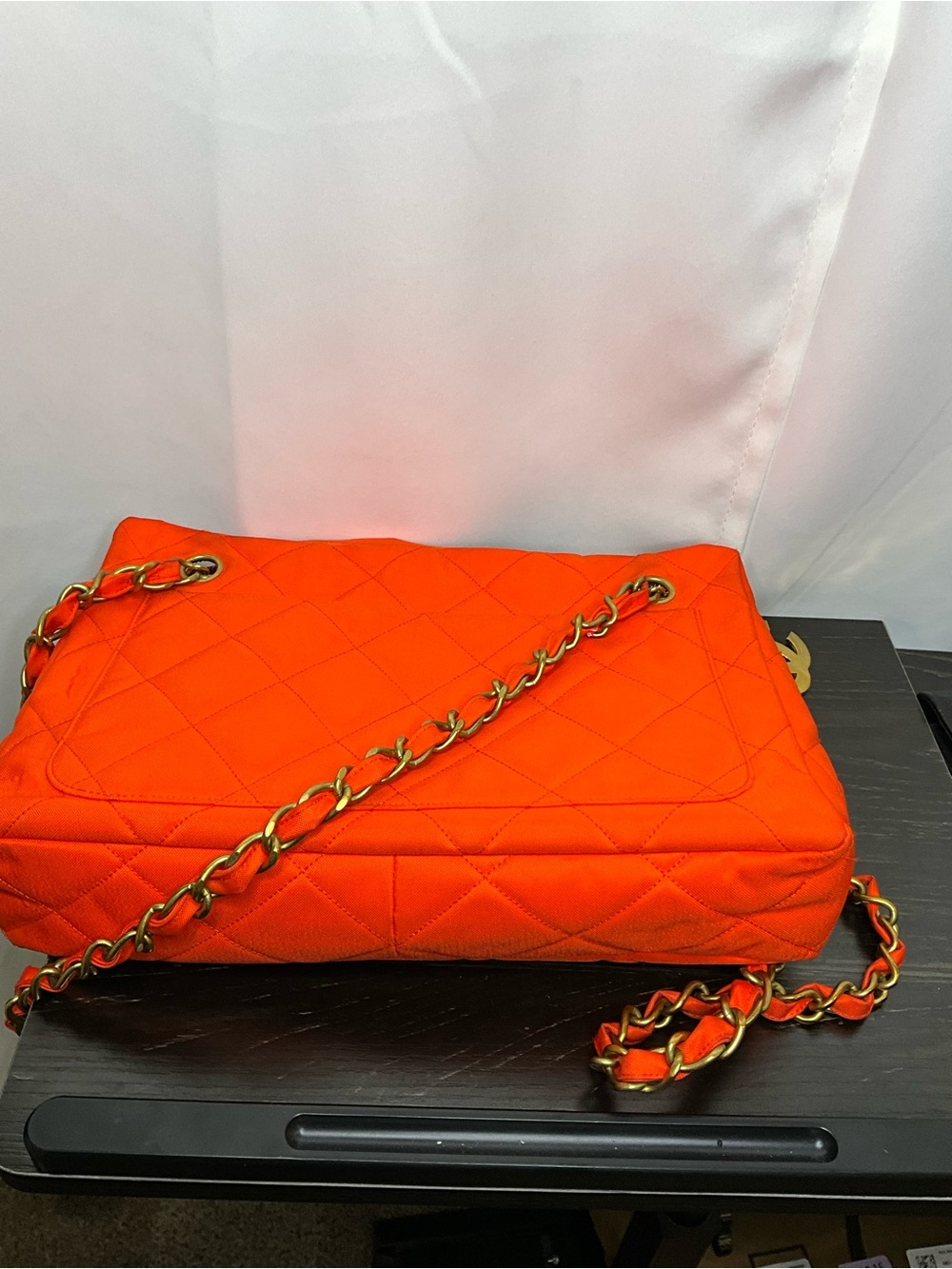 CHANEL Nylon Quilted Chain Shoulder Bag in Vivid Orange with Gold Hardware - Picture 3 of 5